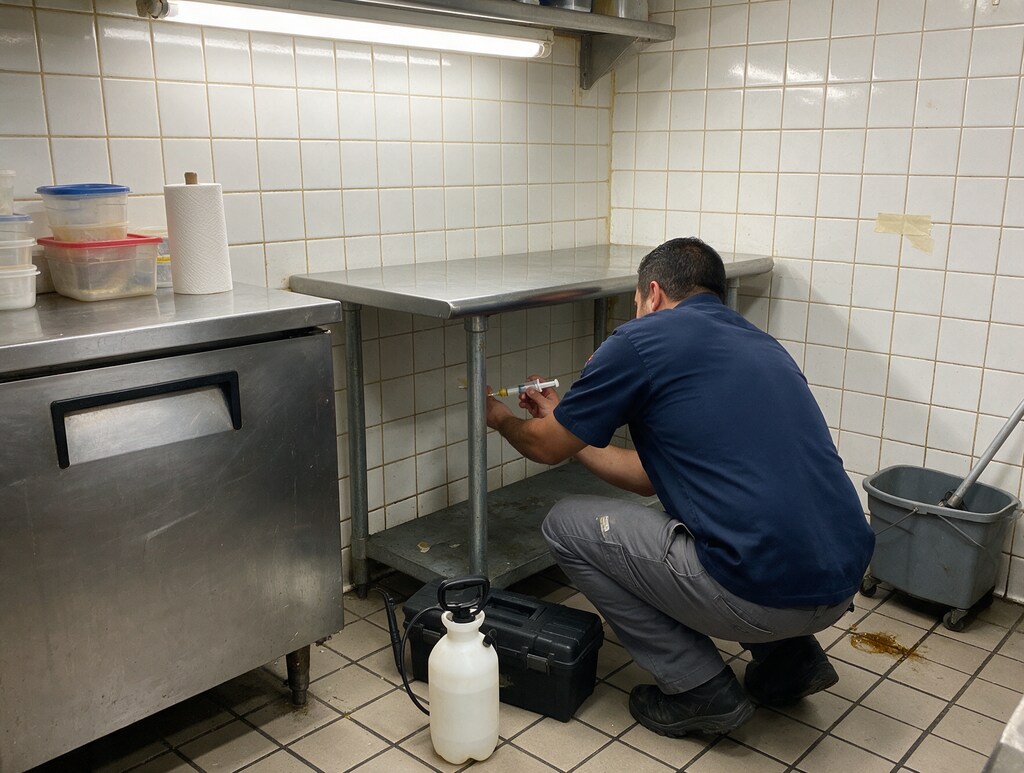 Técnico aplicando cebo en gel bajo una mesa de acero en la cocina de un restaurante