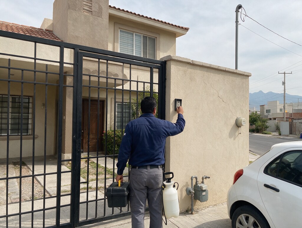Técnico de control de plagas tocando el timbre de una casa en Monterrey