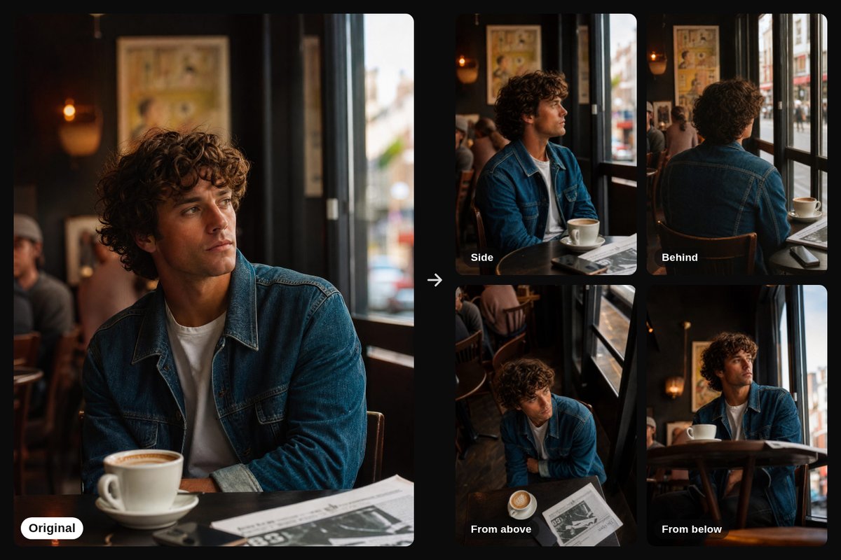 AI camera angle generator: four new angles from one photo