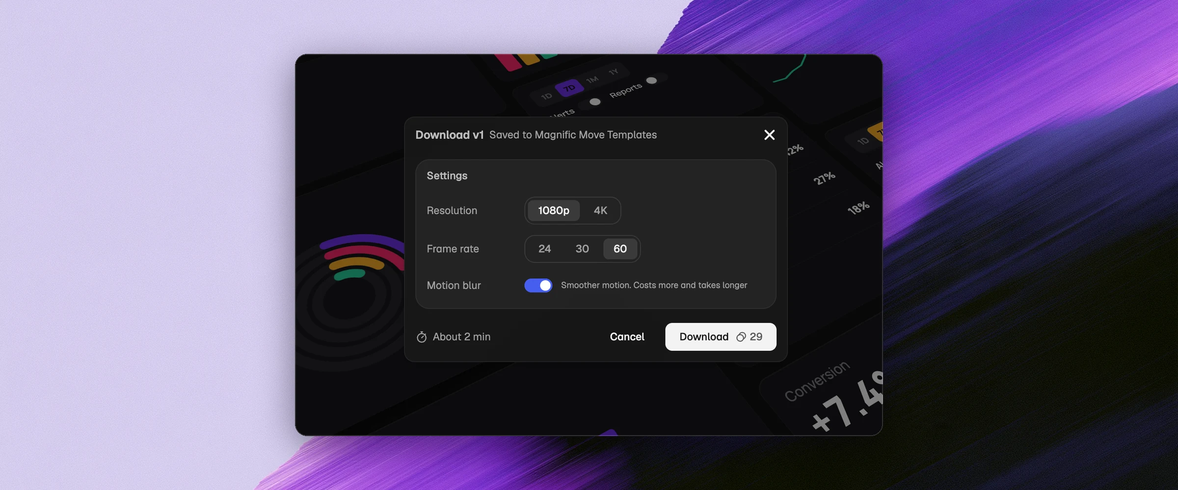 The Download dialog with resolution, frame rate, motion blur, the estimated time and the credit cost